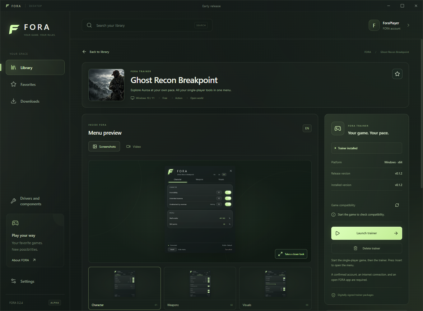 FORA trainer page with menu previews and launch and delete controls